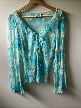 ICE Blue Floral Silk Bell Sleeve Top